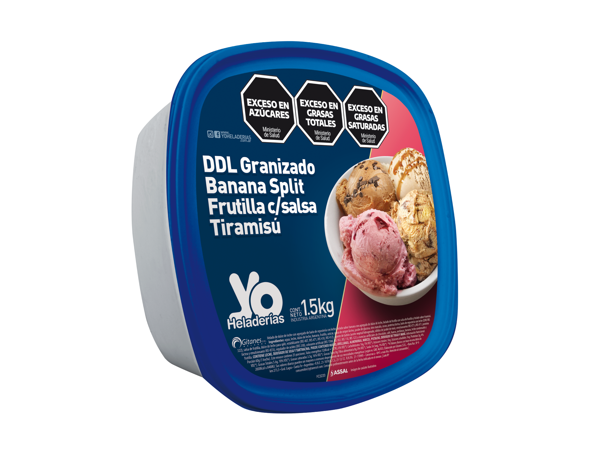 Pote 1.5 kg (ddl granizado, banana Split, frutilla, tiramisú)