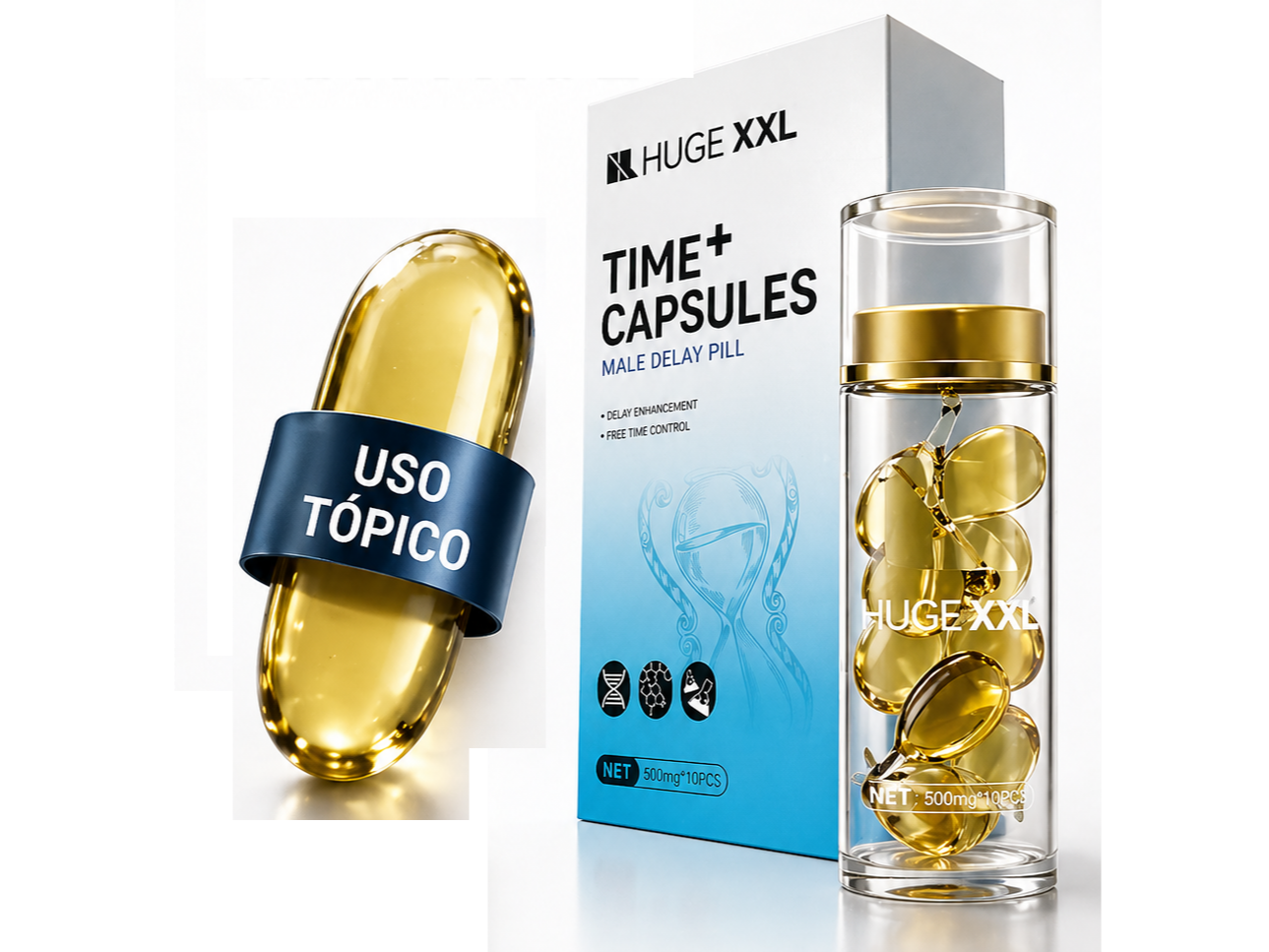 Cápsulas Retardantes HUGE XXL TIME+ x10 - Gel de Uso Tópico Masculino