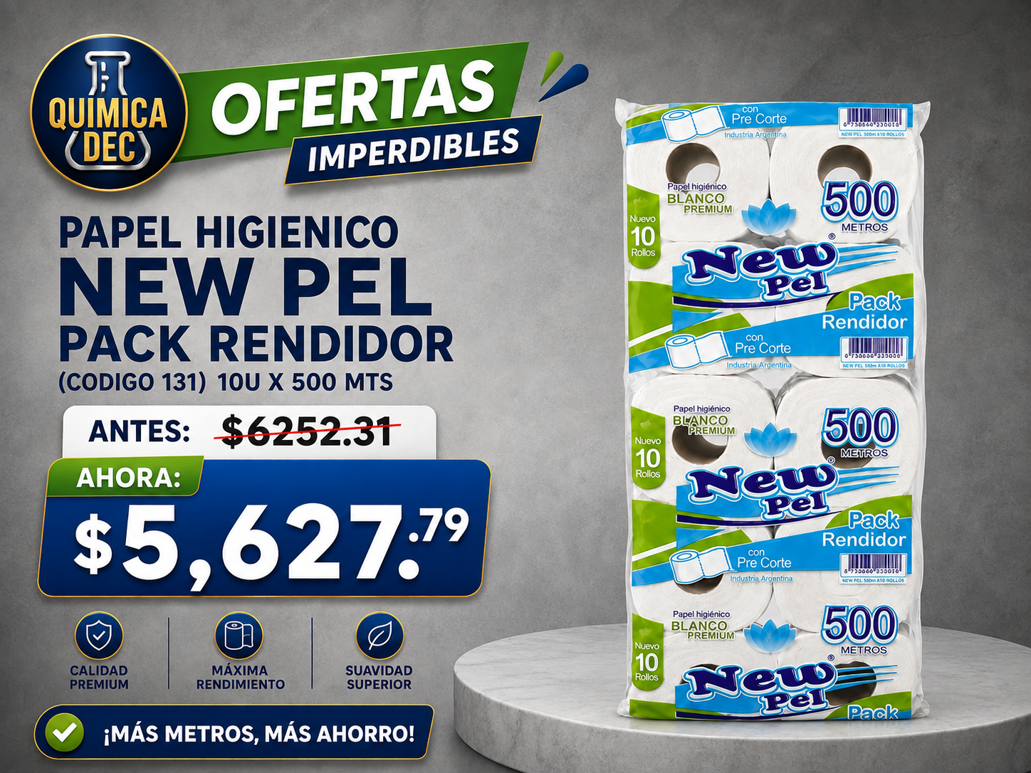 PAPEL HIGIENICO NEW PEL PACK RENDIDOR (CODIGO 131 ) 10U X 500 MTS