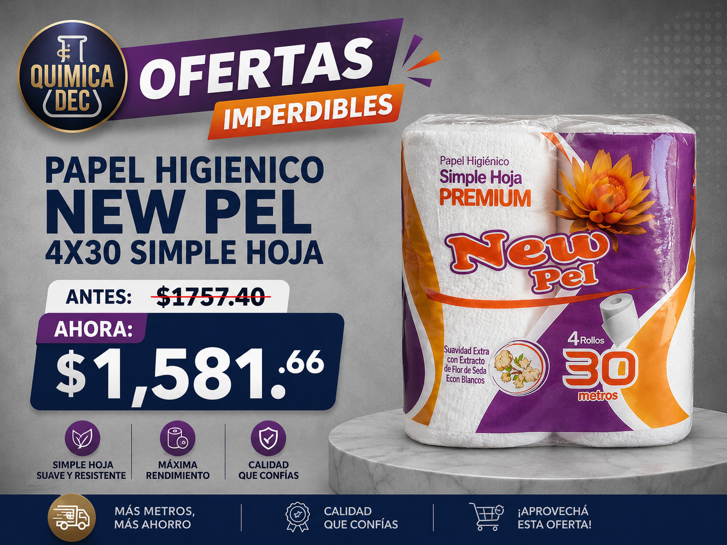 PAPEL HIGIENICO NEW PEL 4X30 SIMPLE HOJA