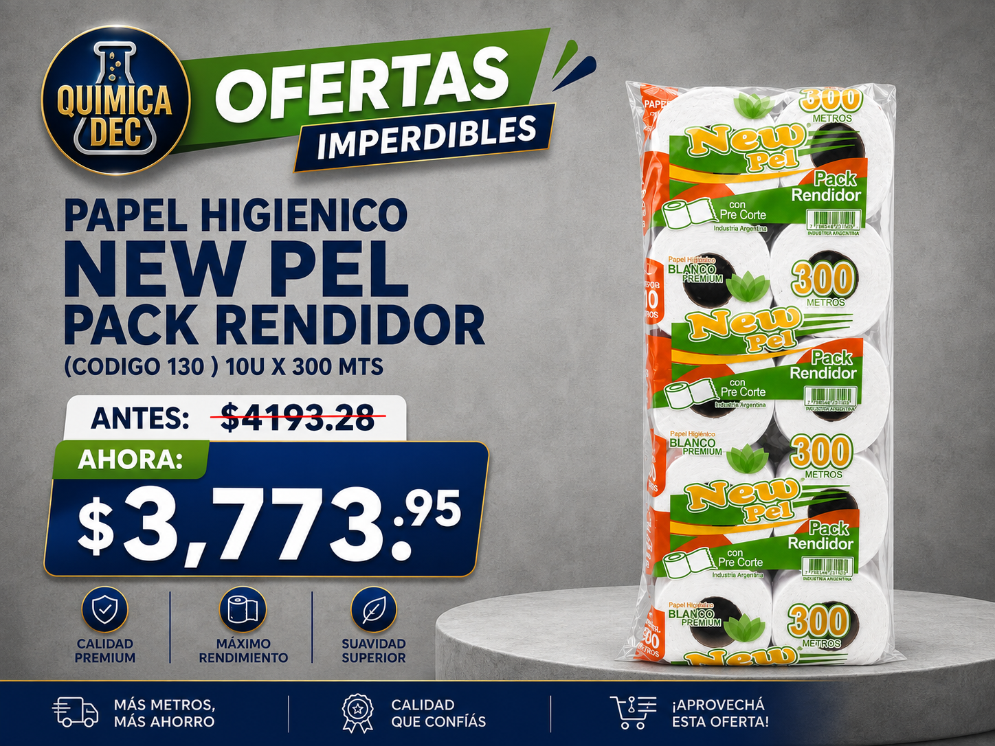 PAPEL HIGIENICO NEW PEL PACK RENDIDOR (CODIGO 130 ) 10U X 300 MTS