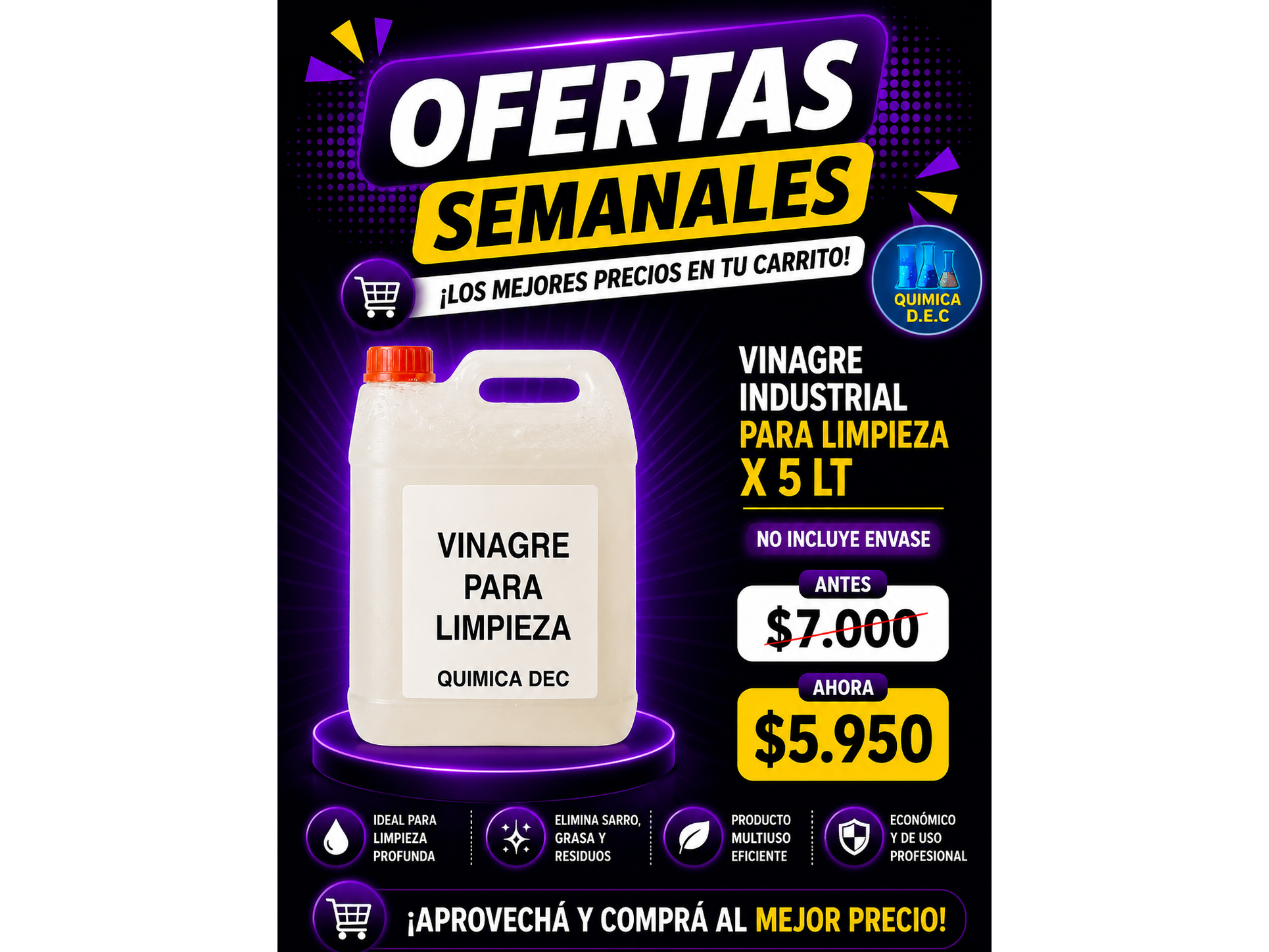 VINAGRE INDUSTRIAL PARA LIMPIEZA X 5LT (NO INCLUYE ENVASE)