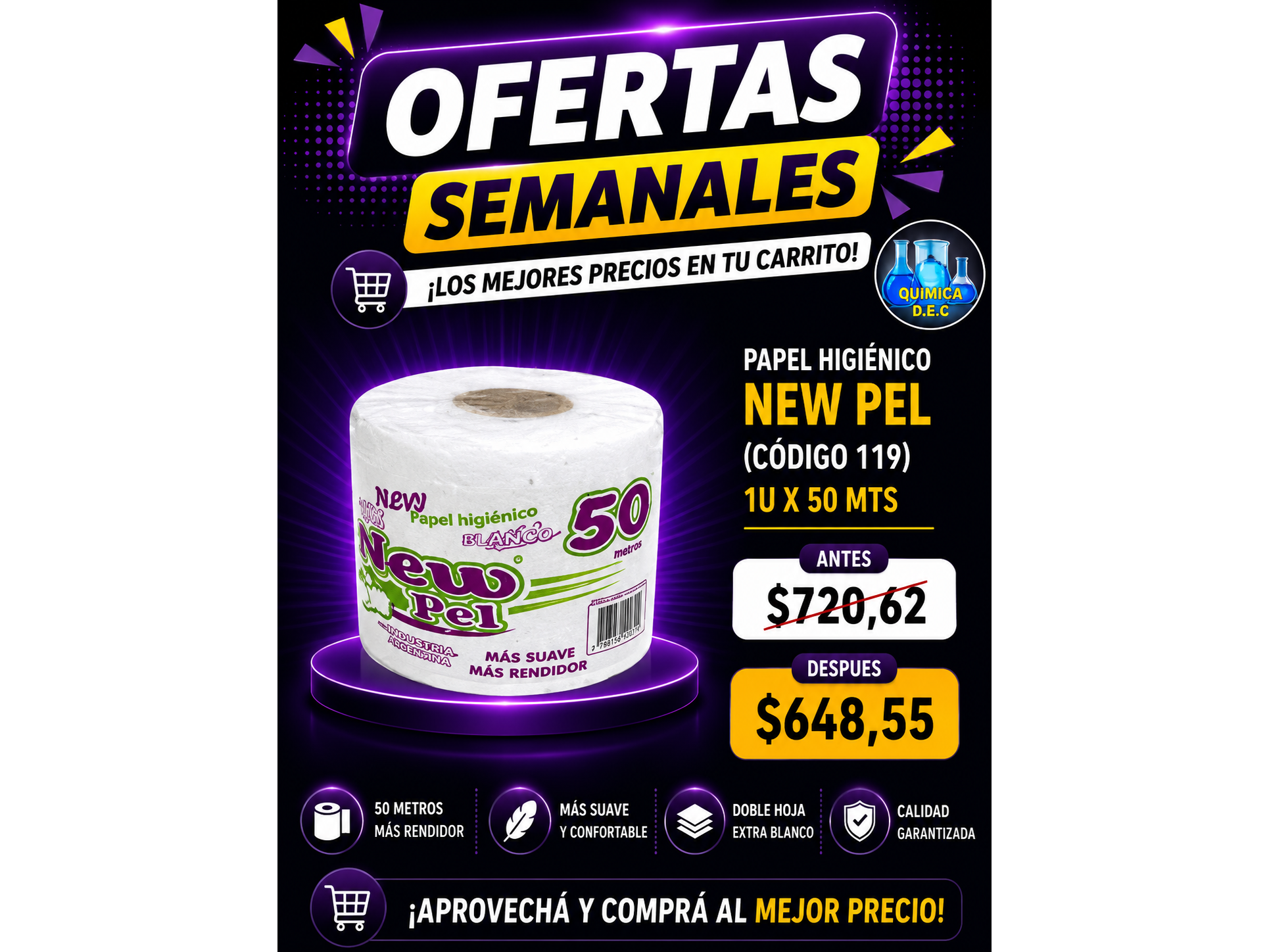 PAPEL HIGIENICO NEW PEL INDIVIDUAL (CODIGO 119 ) 1U X 50MTS