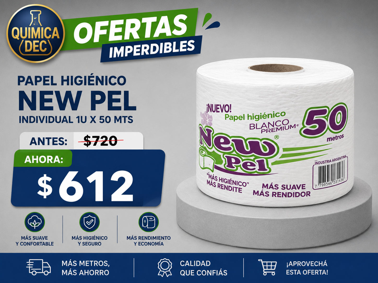 PAPEL HIGIENICO NEW PEL INDIVIDUAL (CODIGO 119 ) 1U X 50MTS