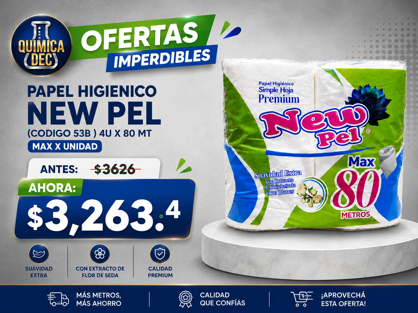 PAPEL HIGIENICO NEW PEL (CODIGO 53B ) 4U X 80 MT MAX X UNIDAD