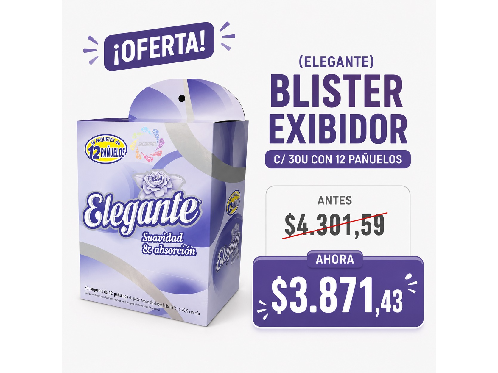 PAÑUELO DESCARTABLE (ELEGANTE) BLISTER EXIBIDOR C/ 30U CON 12 PAÑUELOS (