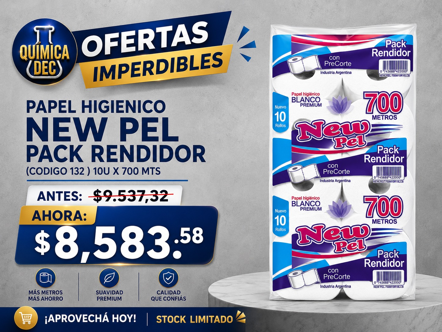 PAPEL HIGIENICO NEW PEL PACK RENDIDOR (CODIGO 132 ) 10U X 700 MTS