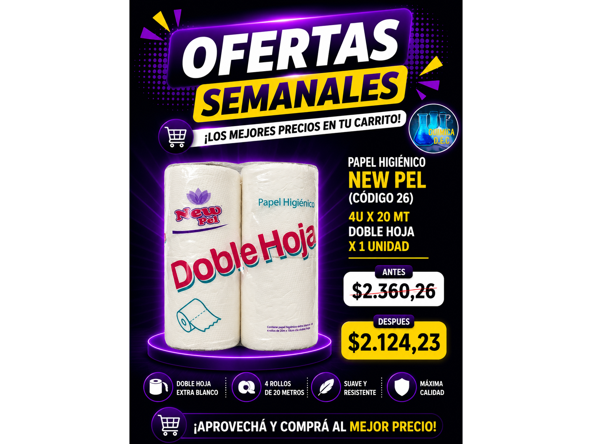 PAPEL HIGIENICO NEW PEL (CODIGO 26 ) 4U X 20 MT DOBLE HOJA X 1 UNIDAD