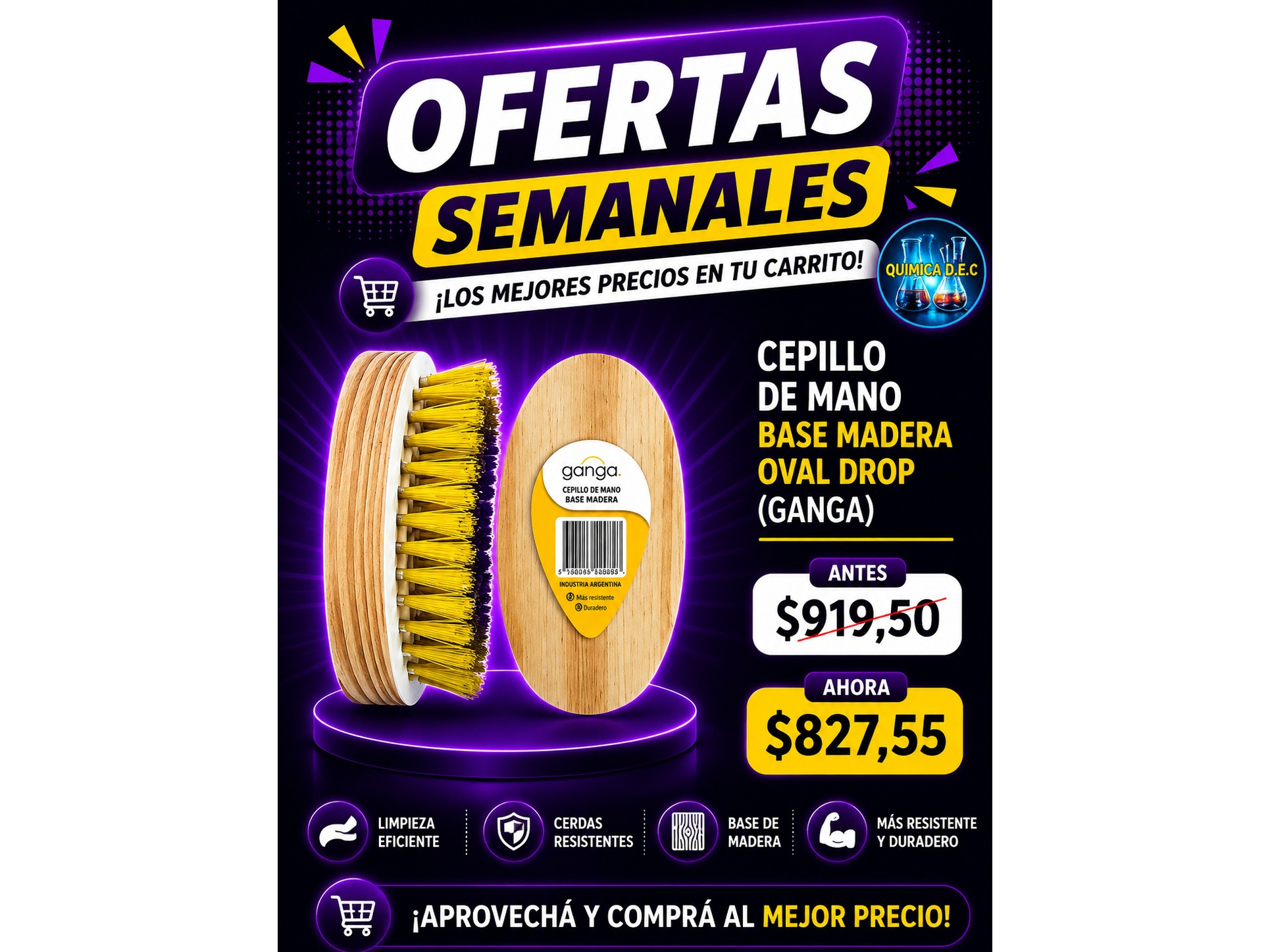 CEPILLO DE MANO BASE MADERA OVAL DROP (GANGA)