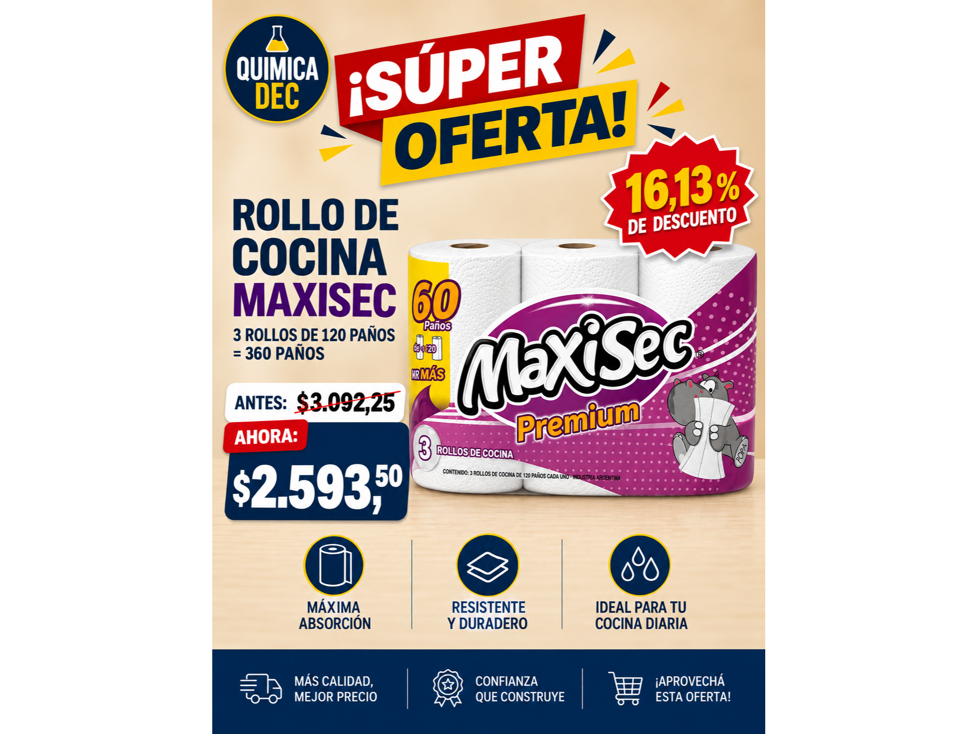ROLLO DE  COCINA MAXISEC  360  PAÑOS   (1 PACK) x 3 ROLLOS X  120 PAÑOS