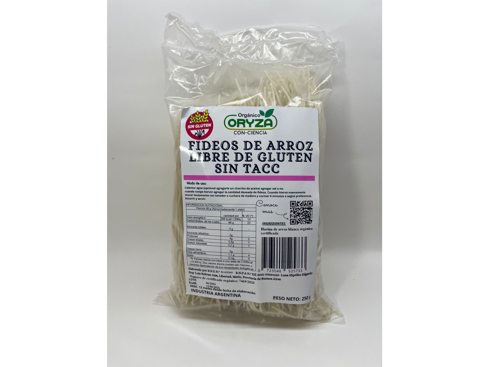 Oryza Fideos de Arroz Orgánico 250 gr