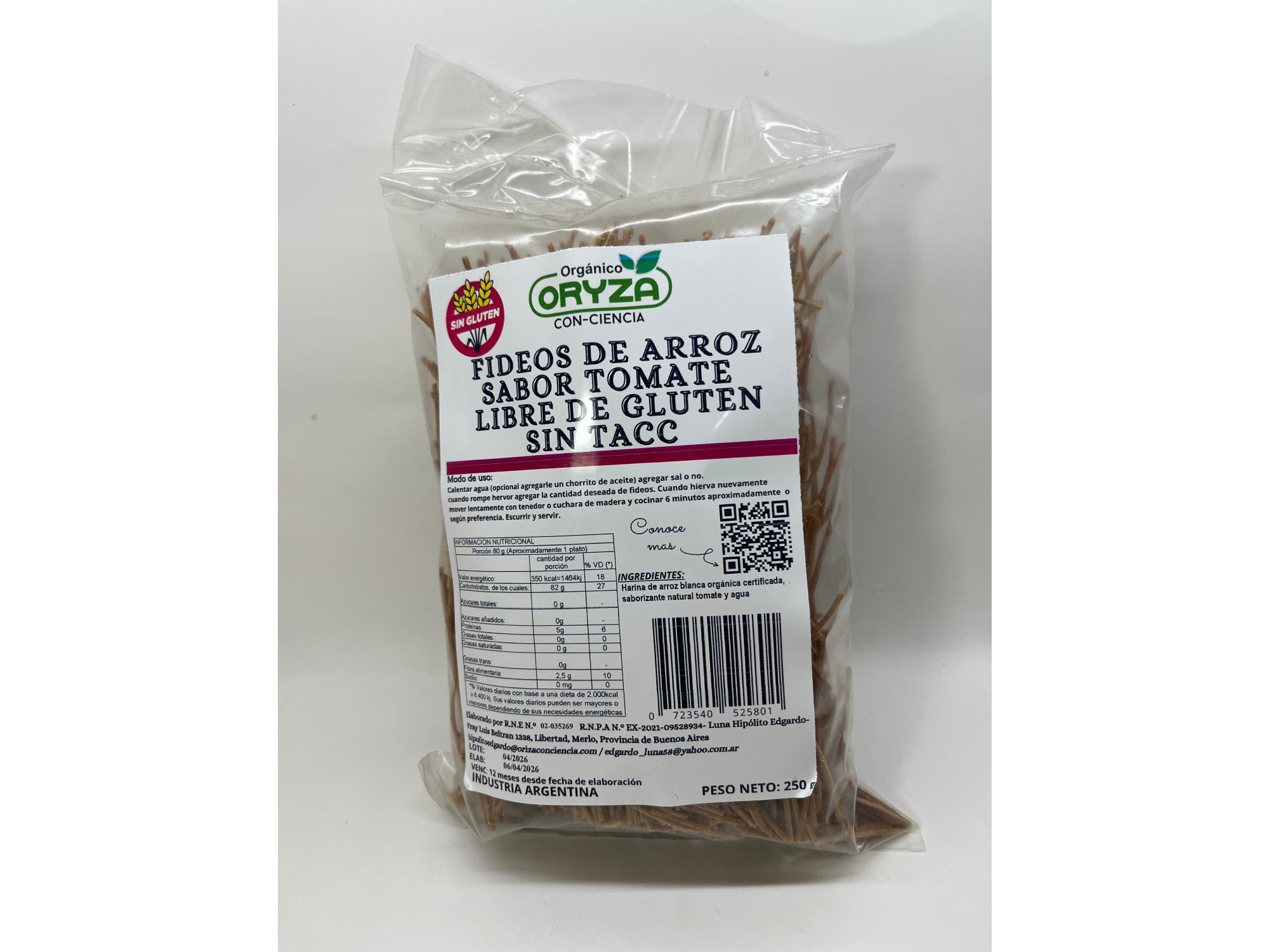 Oryza Fideos de Arroz Sabor Tomate 250 gr