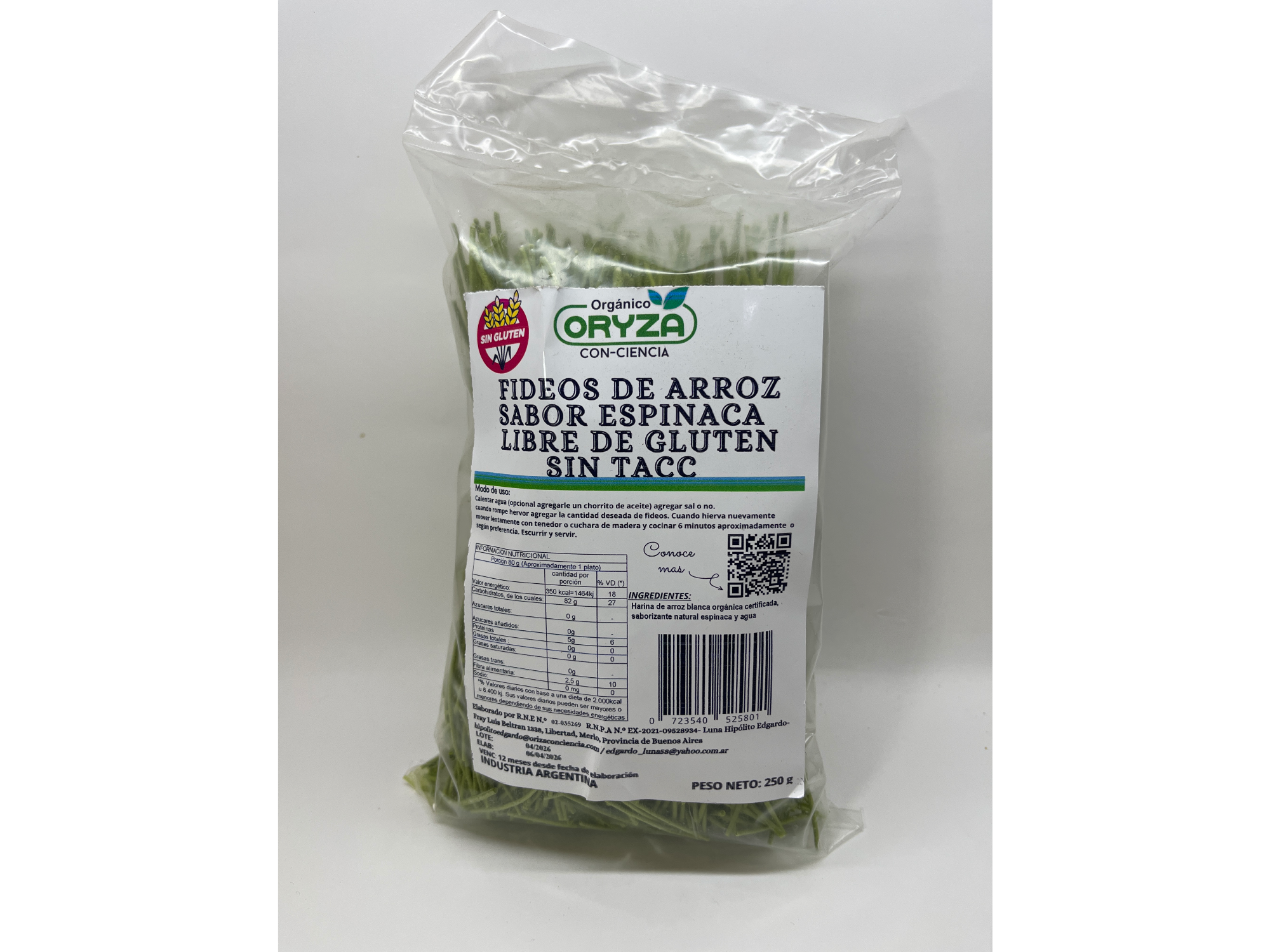 Oryza Fideos de Arroz Orgánico Sabor Espinaca 250 gr