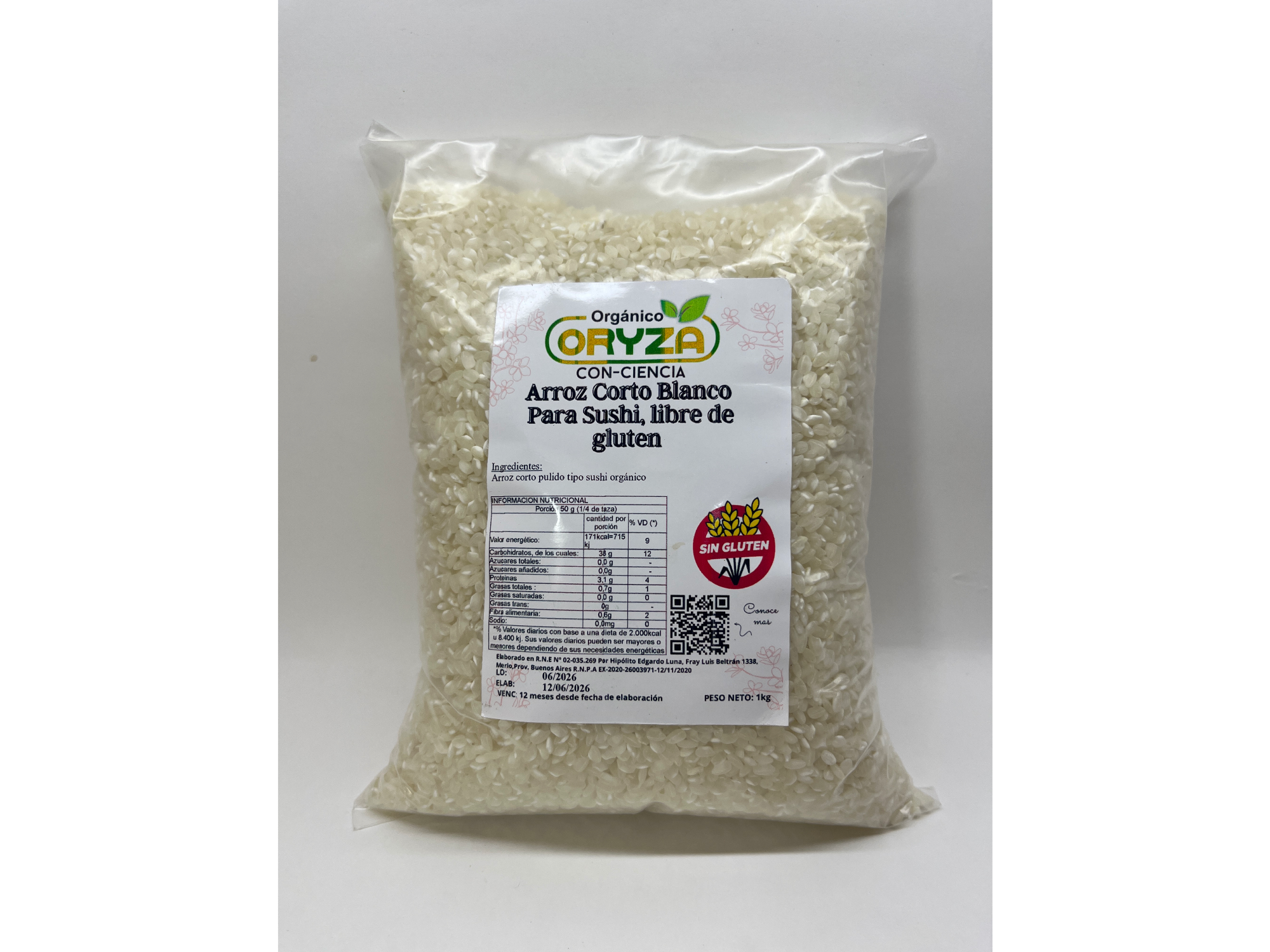 Oryza Arroz Blanco Orgánico para Sushi 1 Kg
