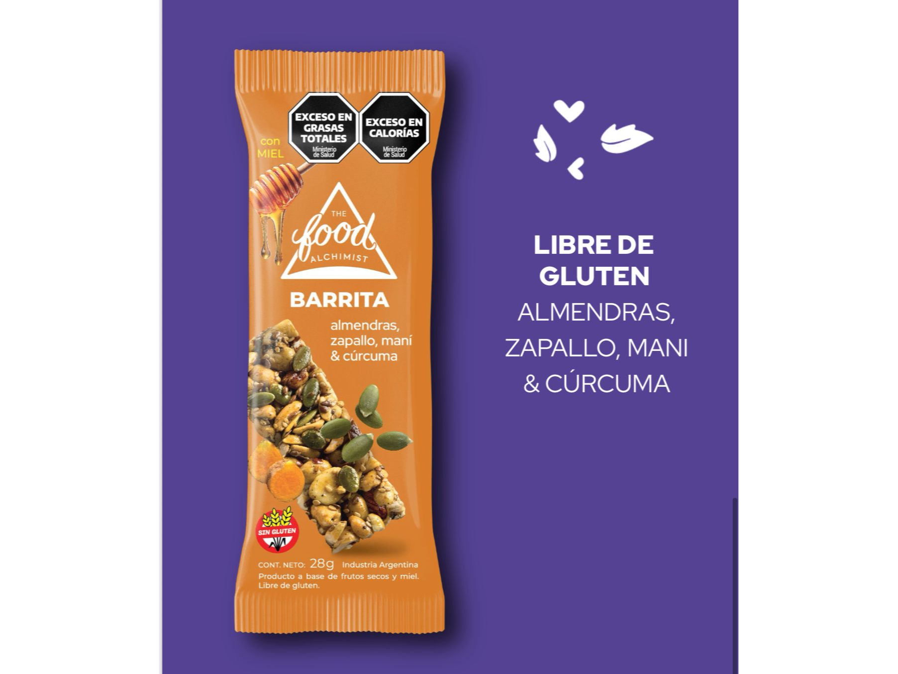 Barra The Food Alchimist x 28 gr (Almendra, zapallo, maní y cúrcuma) SIN TACC