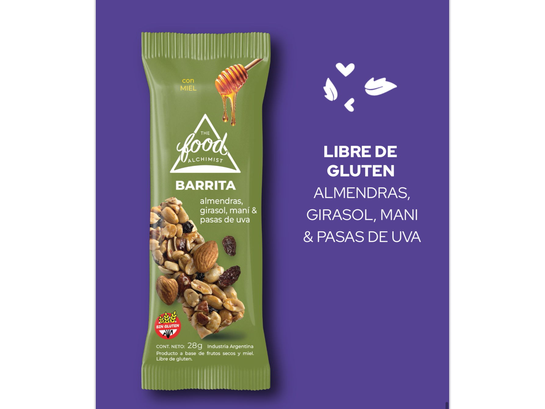 Barra The Food Alchimist x 28 gr ( Almendra, girasol, maní y pasas) SIN TACC
