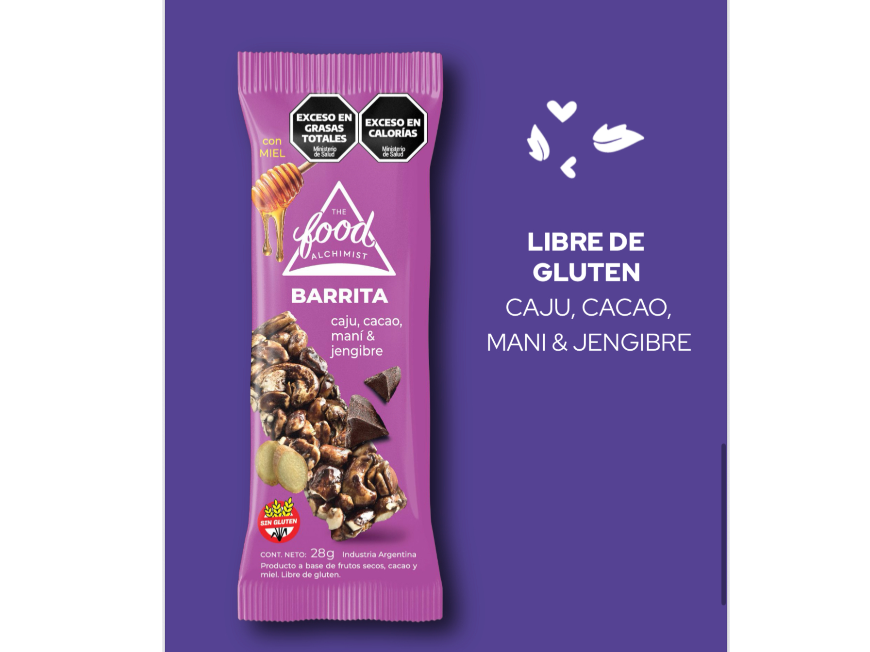 Barra The Food Alchimist x 28 gr ( Caju, cacao, maní y gengibre) SIN TACC