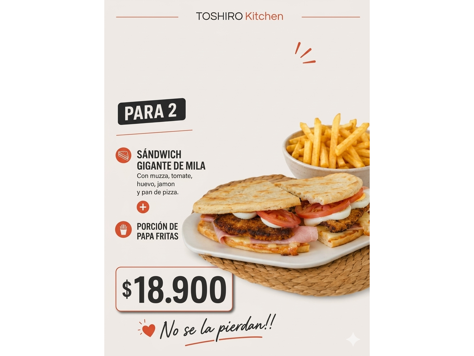 Pizza Sándwich de Mila + Papas Fritas