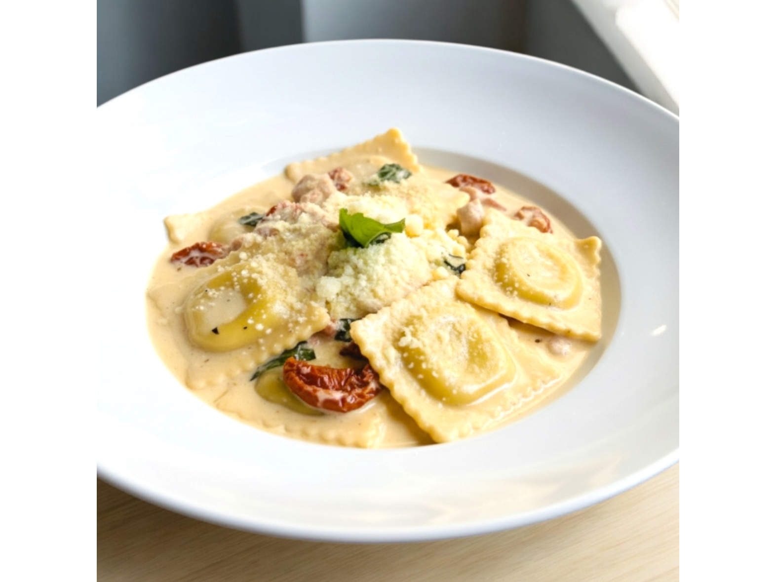 Ravioles de ricotta y salmón ahumado con Salsa de La  Casa