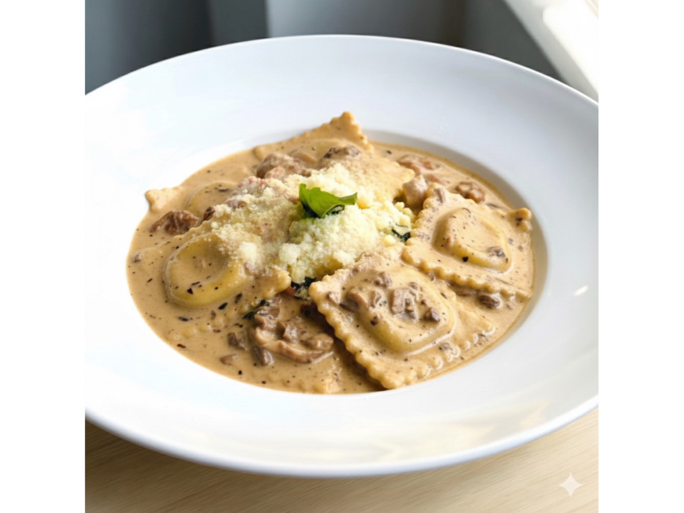 Ravioles de Carne con Salsa de Champiñones Trufados