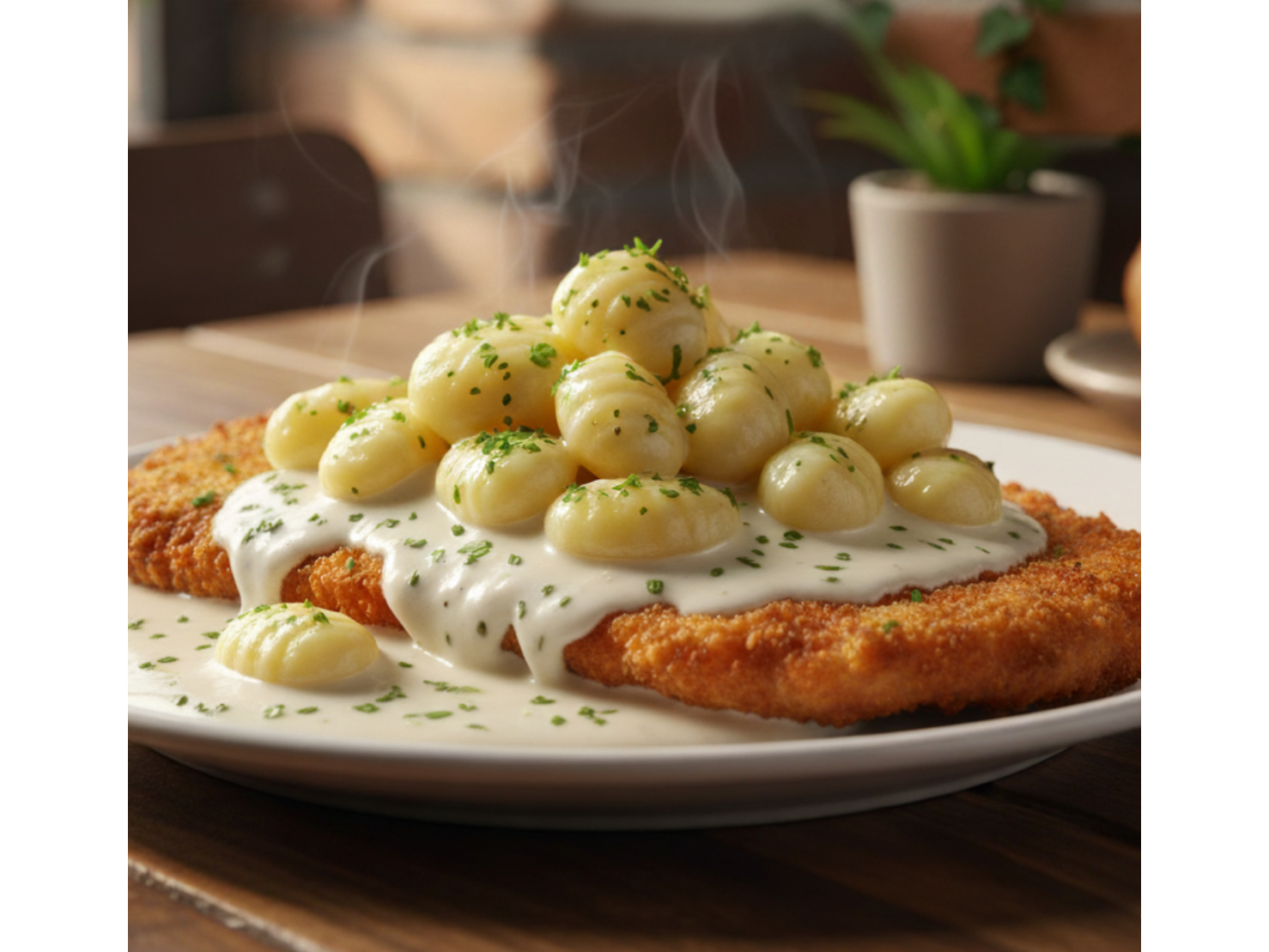 Escalopa Di Capri con Ñoquis en Salsa de Champiñones Trufados