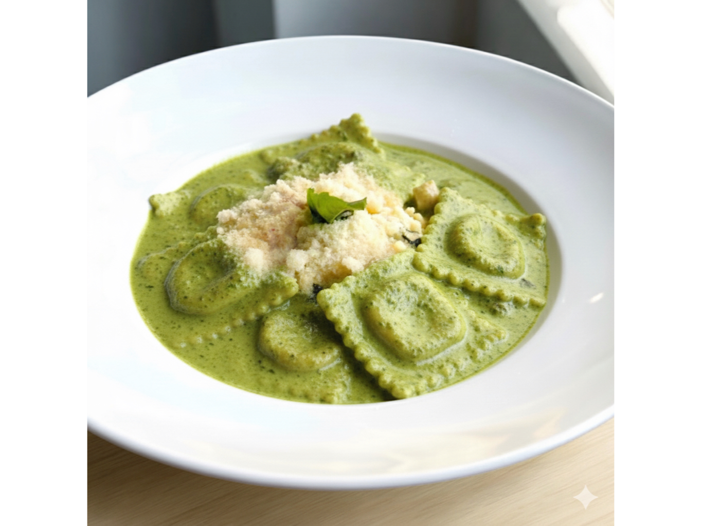 Ravioles de ricotta y salmón ahumado con Salsa Pesto Cremoso