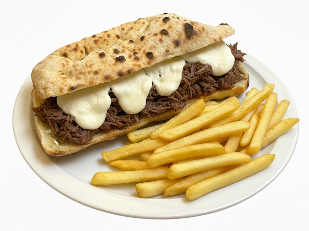 Sándwich Mechada Queso + Papas Fritas