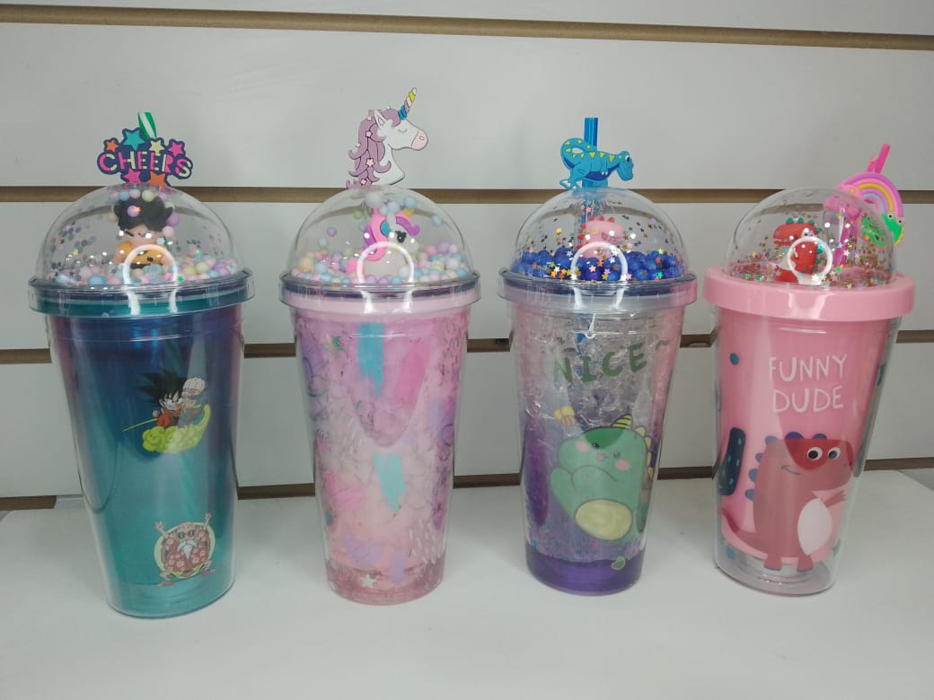 VASO PLASTICO DOBLE CAPA TRANSPARENTE CON LUZ Y GLITER - COD.: 285