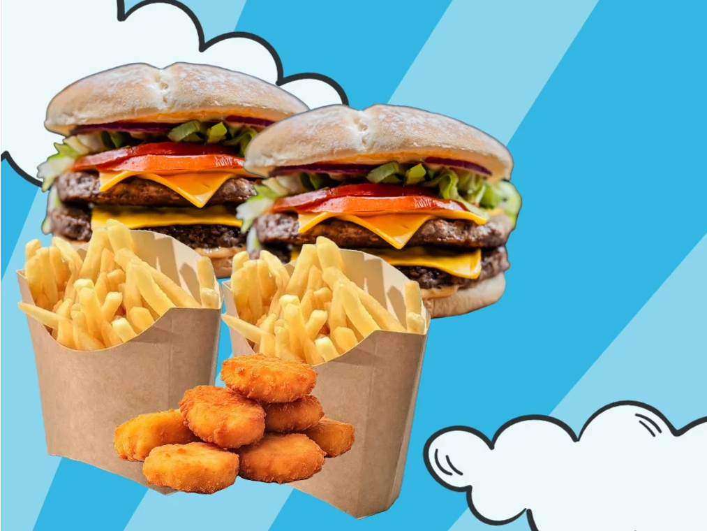 2 Burger doble a elección + 2 Papas + 10 Nuggets + Dip alioli