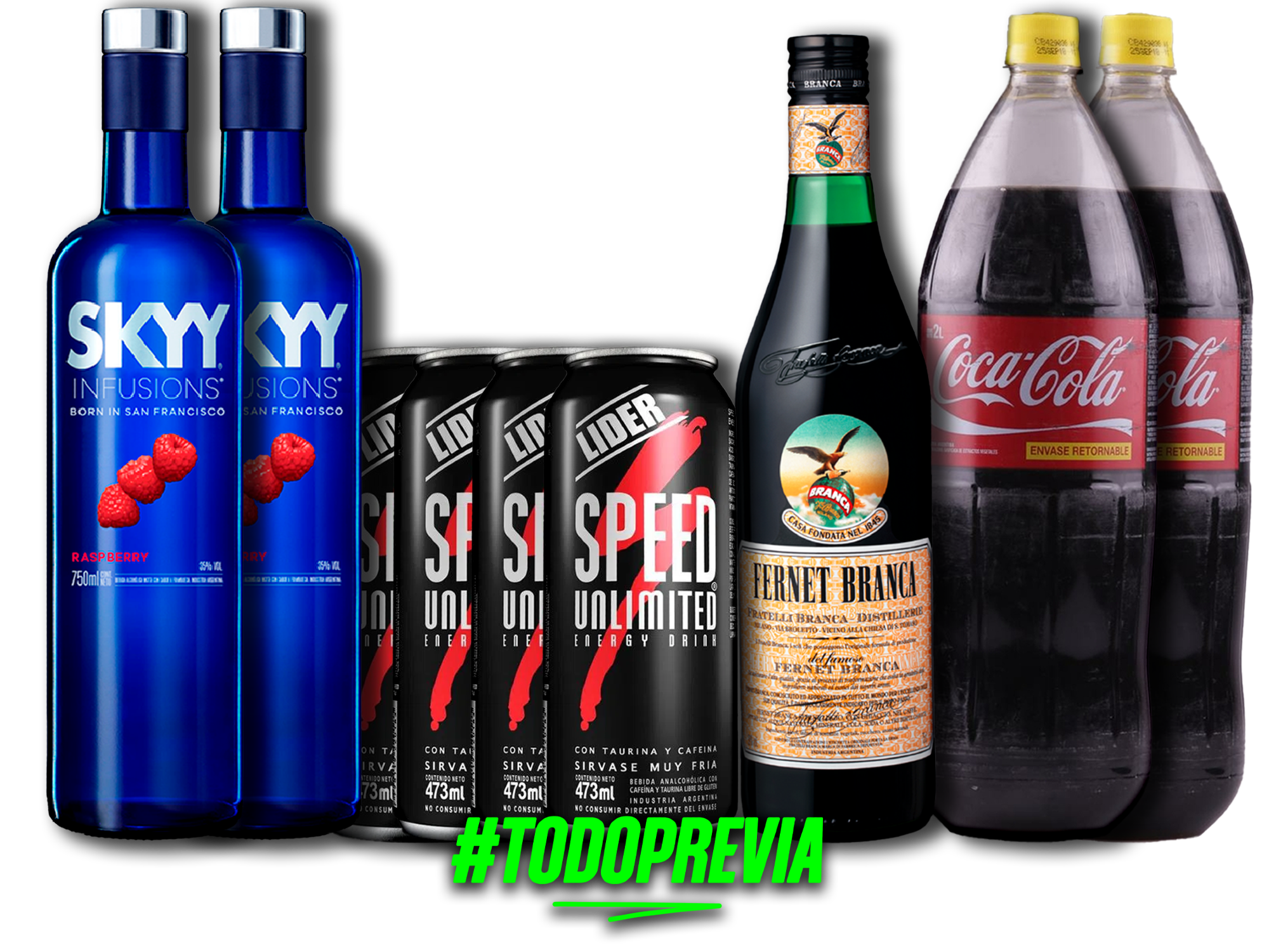 1 FERNET 750ML +2 COCAS 2LT + 2 SKYY + 4 SPEED XL