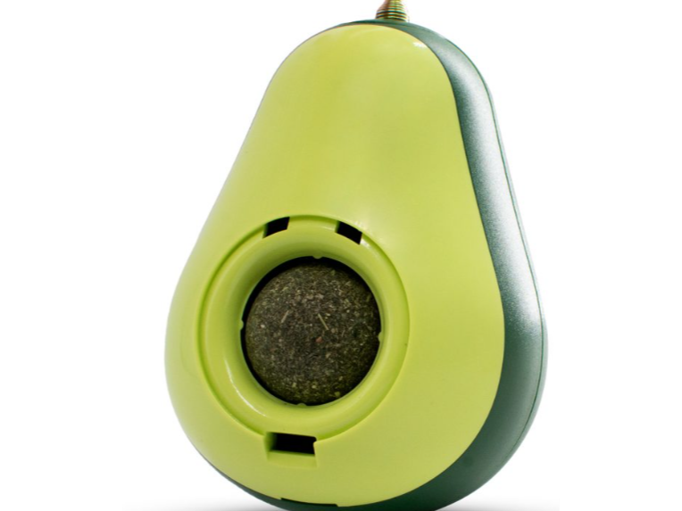 Juguete catnip palta con pluma y dispensador de comida