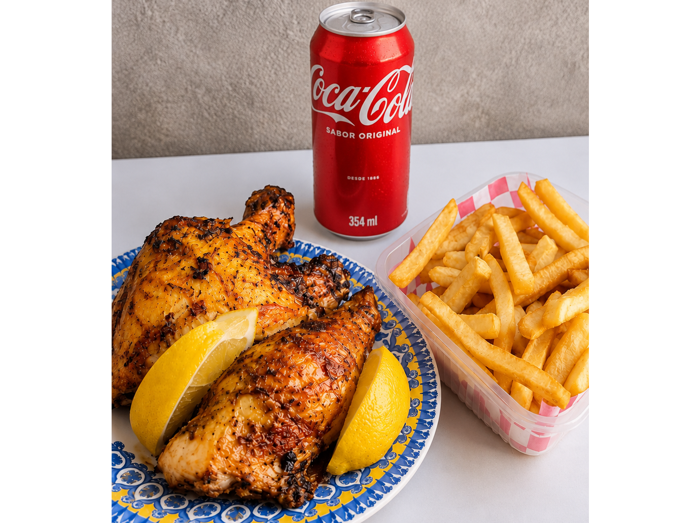 Medio pollo + Papas fritas chicas + Coca Lata