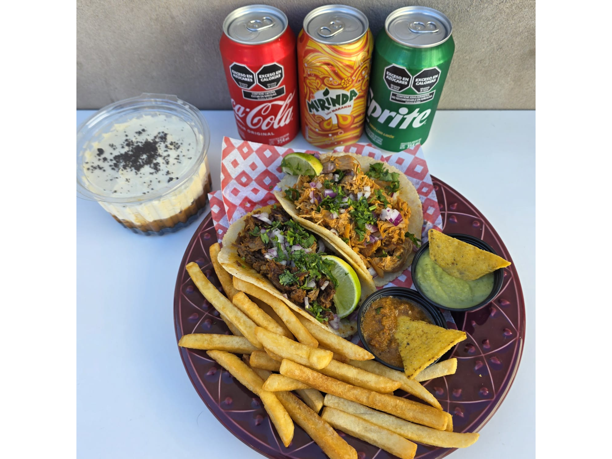 2 Tacos a elección + Fritas + Lata a elección + Postre