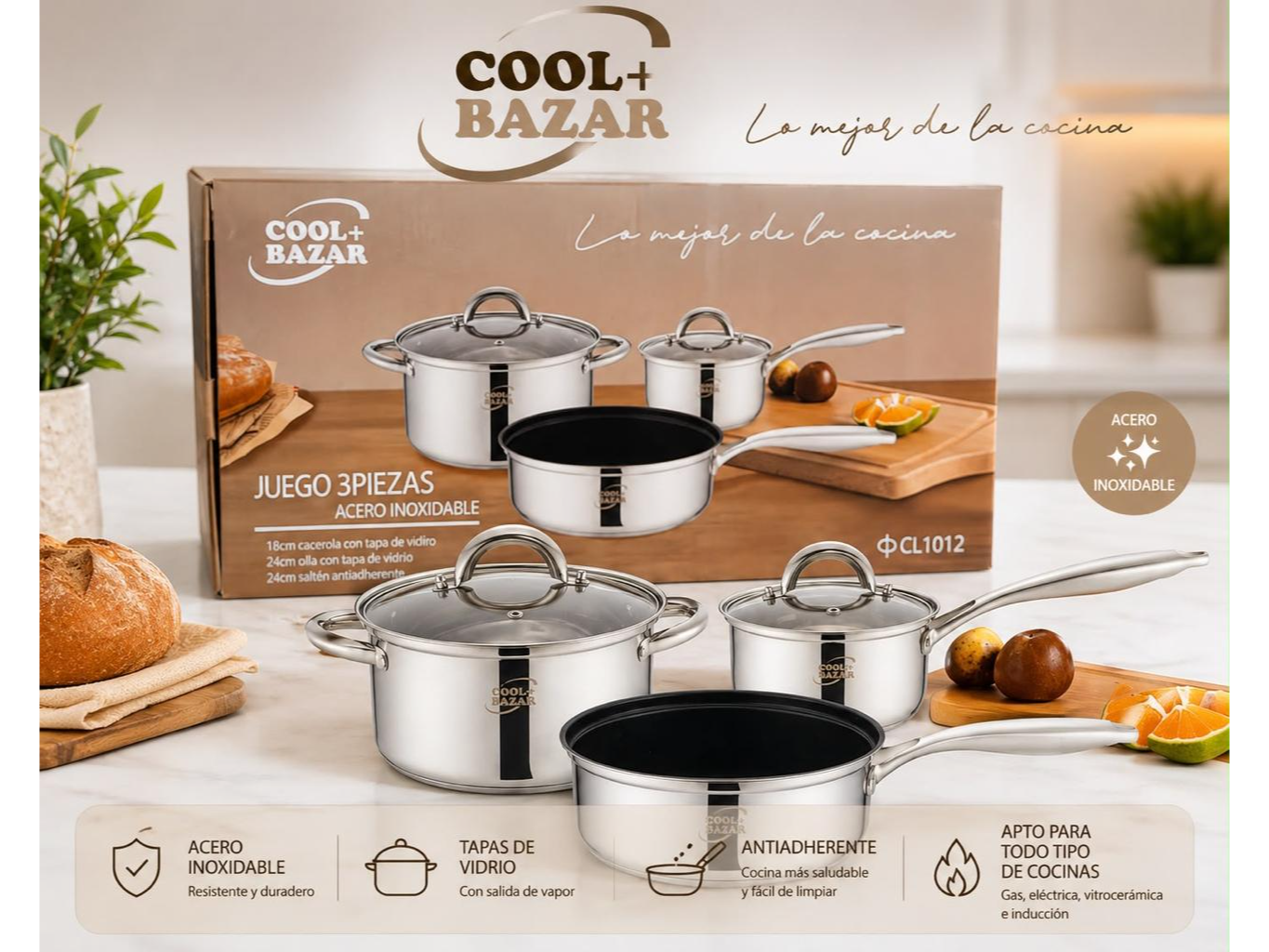 Set 3 ollas acero inoxidable