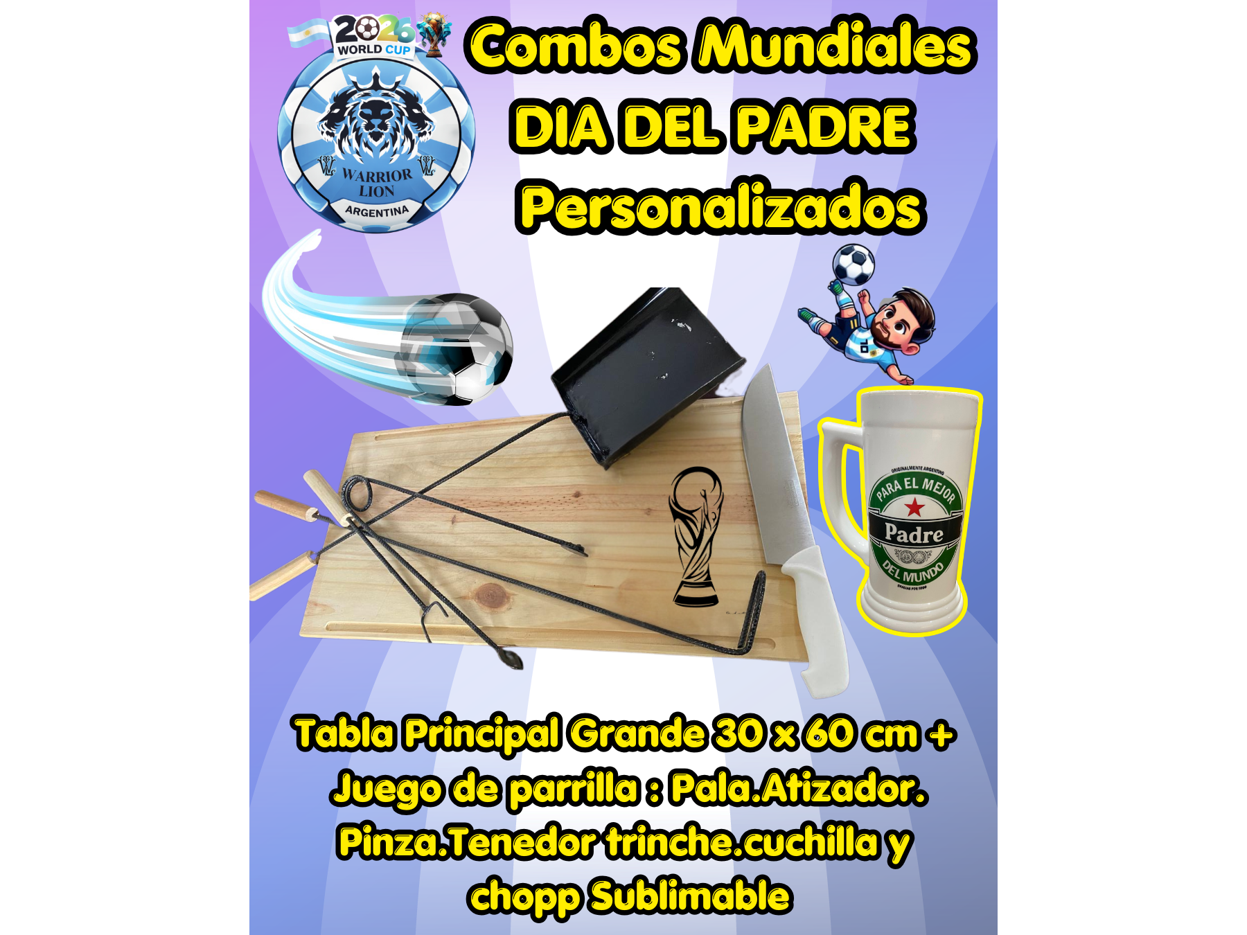 Tabla 30 x 60 cm+ Juego de parrilla+cuchilla+chopp Sublimable