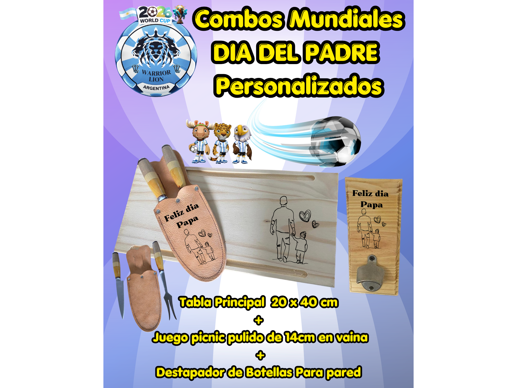 Tabla 20 x 40 cm+Juego picnic+Destapador de Botellas Para pared