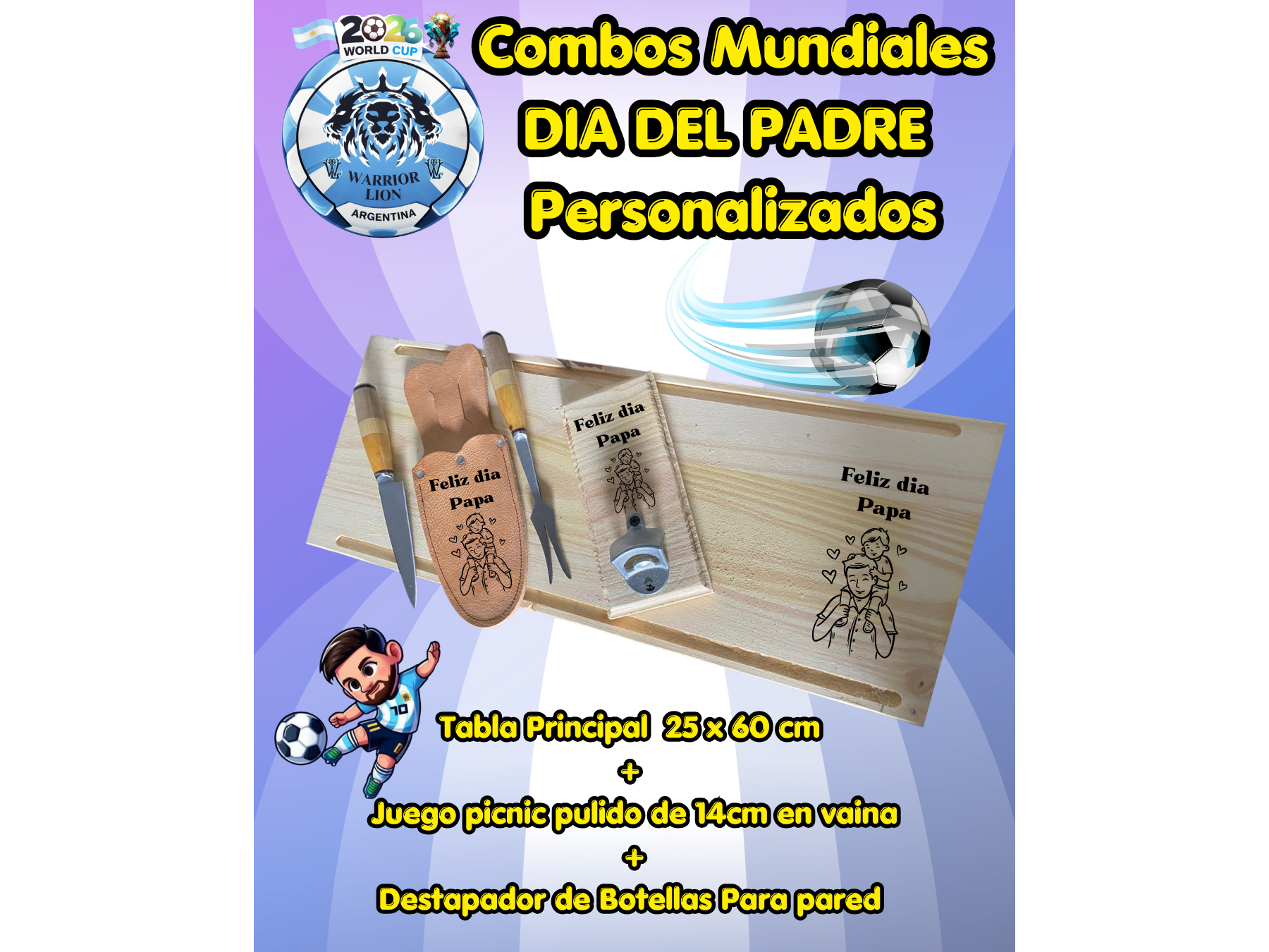 Tabla 25 x 60 cm+Juego picnic+Destapador de Botellas Para pared