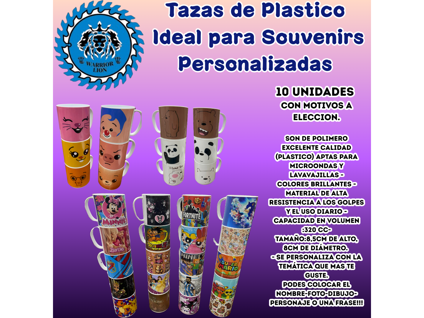 Tazas de Plastico Personalizadas Combo X10 unidades