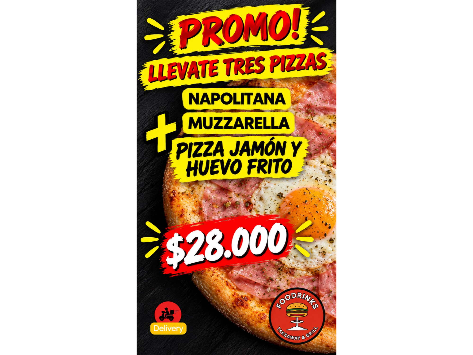 3 PIZZAS. MUZZARELLA NAPOLITANA+ JAMÓN Y HUEVO FRITO