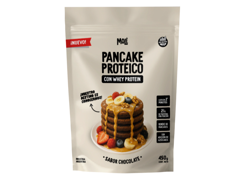 Pre Mezcla Pancake Proteico (whey) MOLÉ - CHOCOLATE 450gr  (sin Tacc - sin azucar)