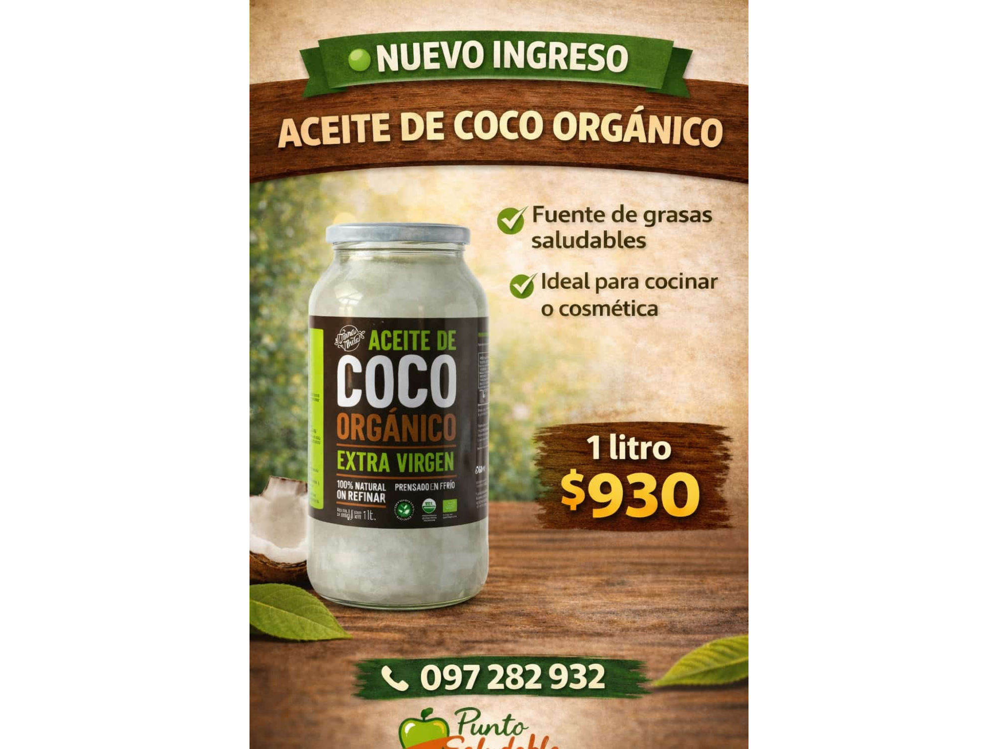 Aceite de coco Organico Extra Virgen 1ltr