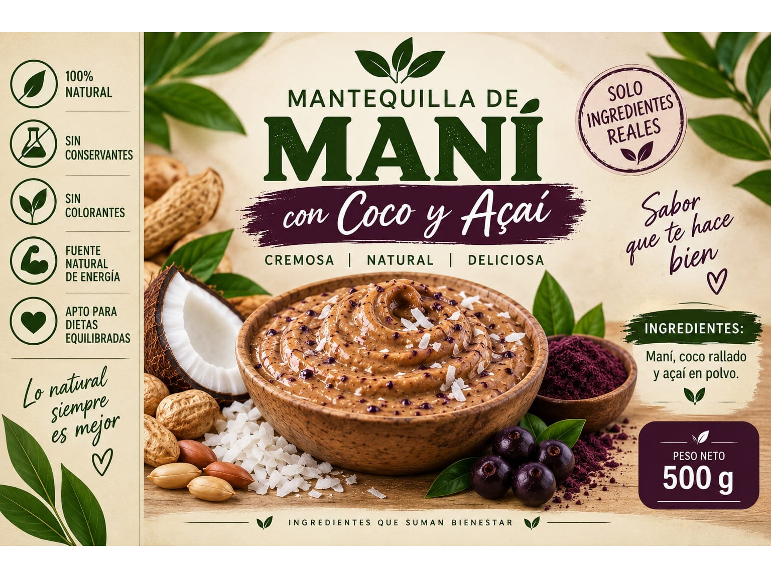 Manteca de mani con acai y coco 600gr