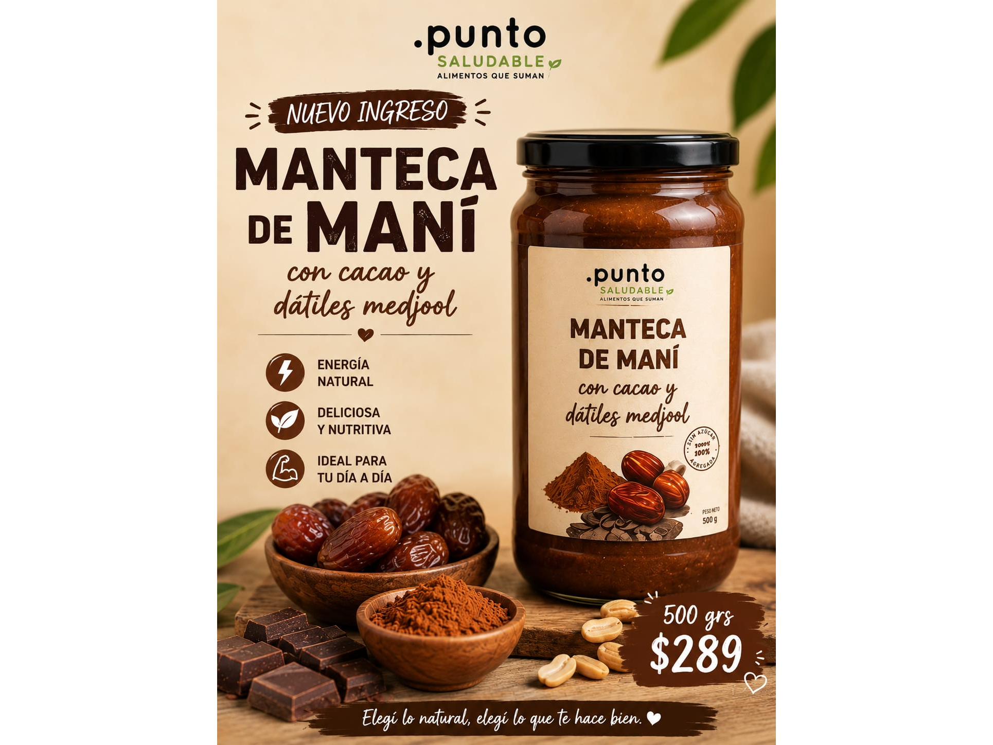 Manteca de mani con cacao y datiles medjool 500gr
