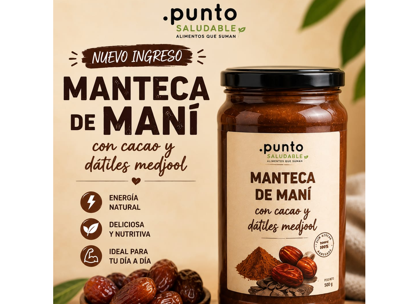 Manteca de mani con cacao y datiles medjool 600gr