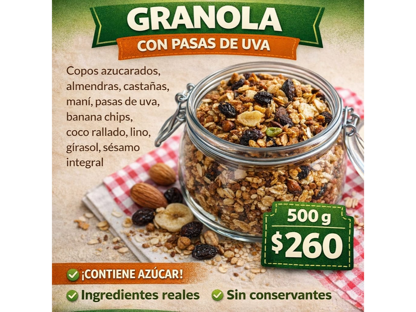 Granola c/pasas y azúcar 500gr