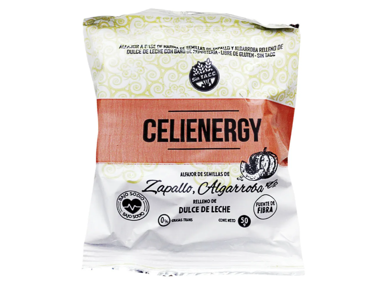 Alfajor Celienergy algarroba y zapallo relleno dulce de leche 60 gr