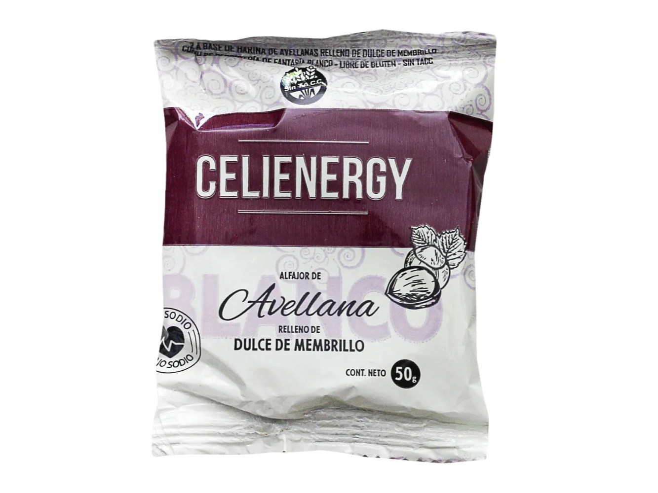 Alfajor Celienergy avellana blanco relleno dulce de membrillo 50 gr