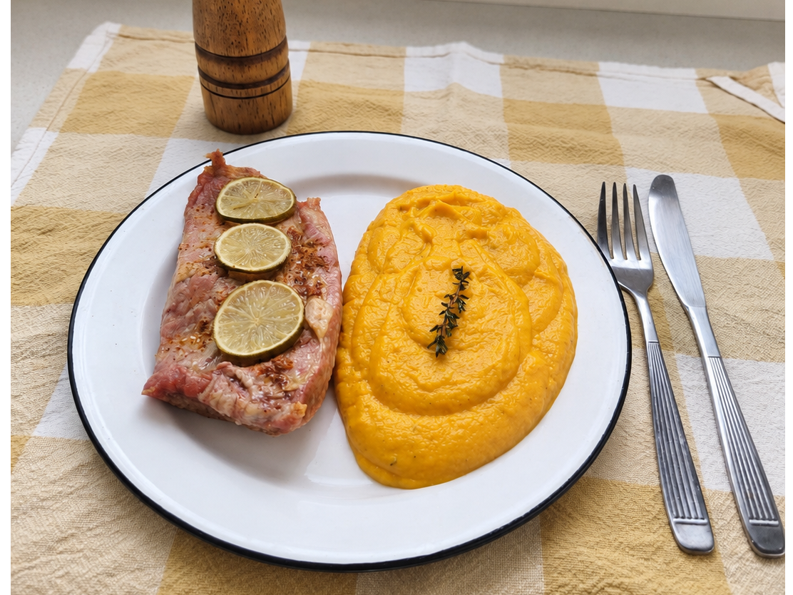 CHURRASCO DE CERDO CON PURÉ DE ZANAHORIA AL TOMILLO