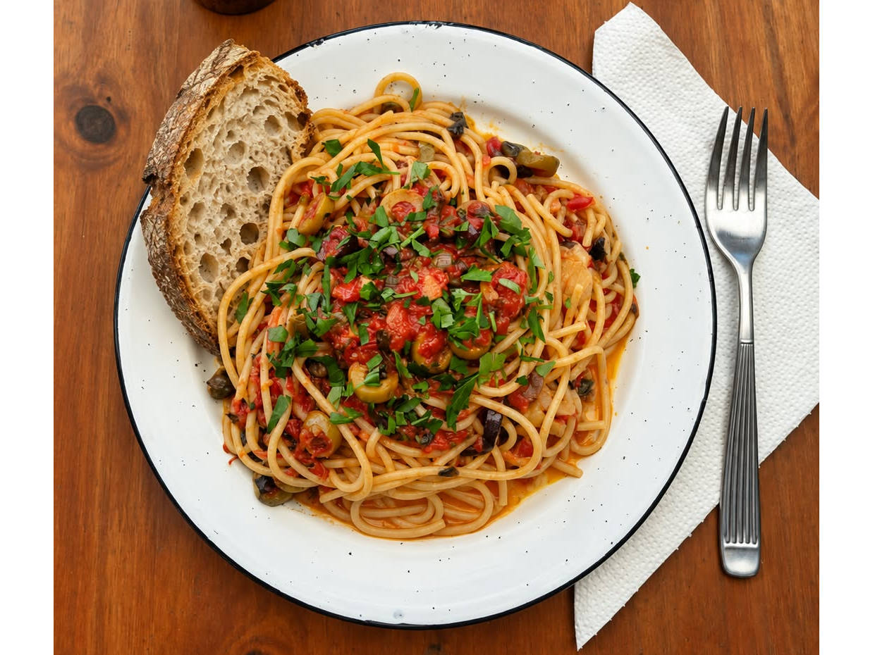 SPAGHETTIS PUTANESCA + RODAJA DE PAN DE MASA MADRE