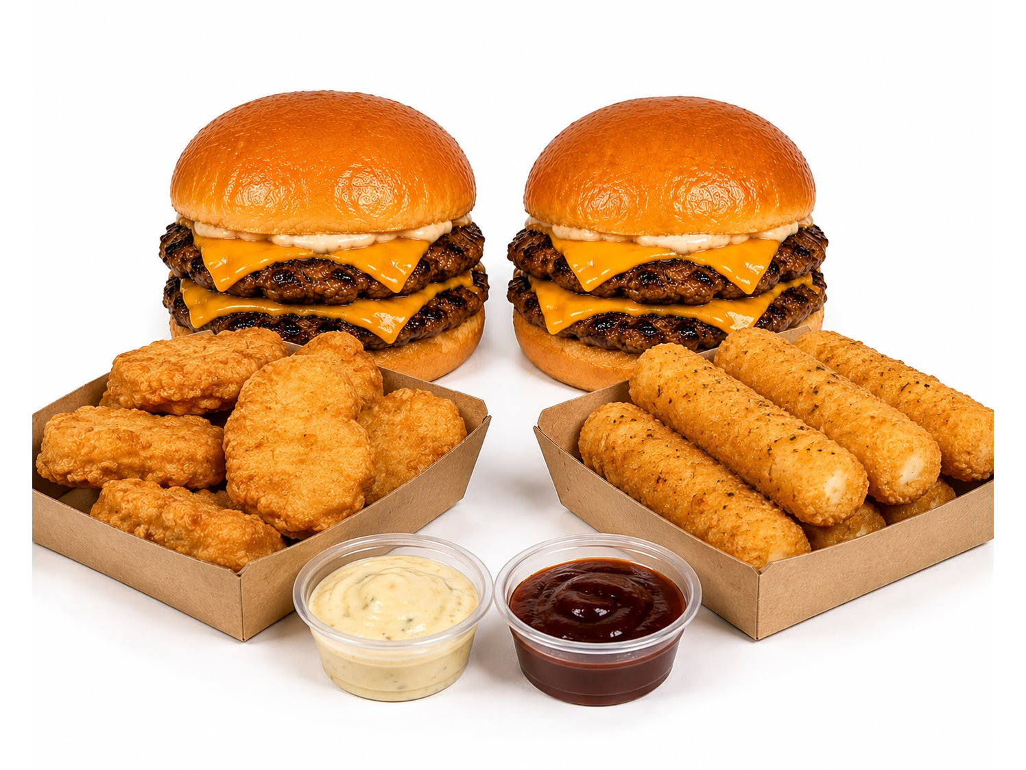 2 Cheese Dobles + porción Nuggets + porción Bastones de Mozzarella + salsa a elección